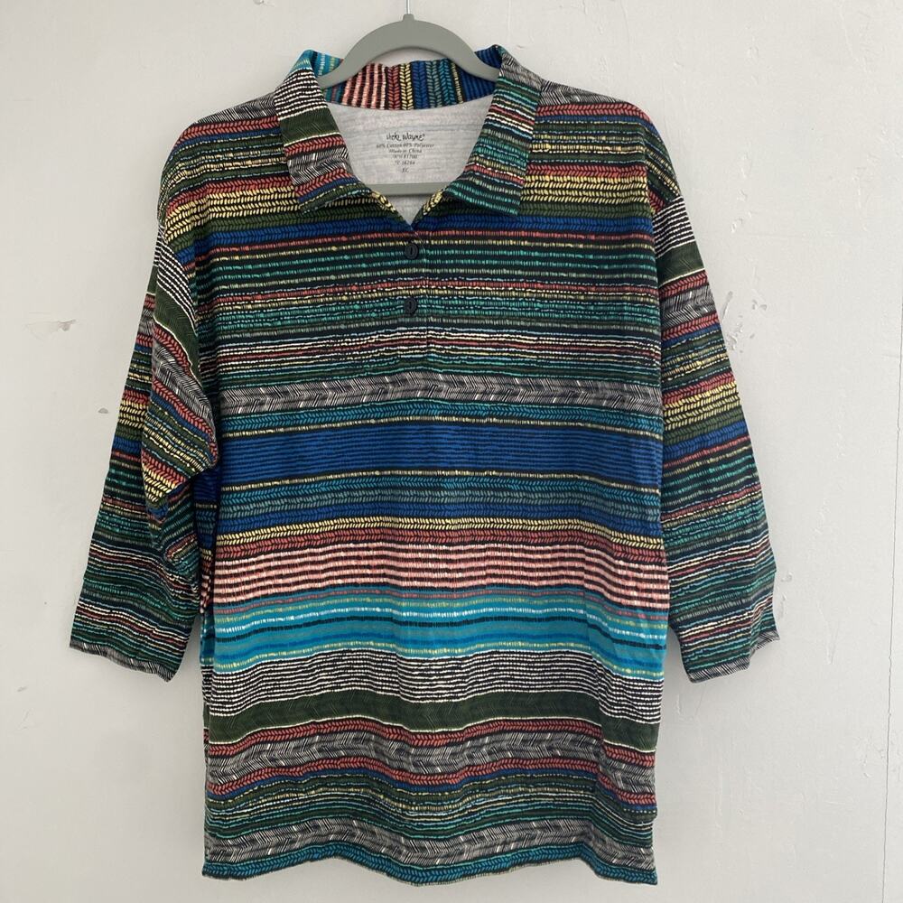 Vicki Wayne Top Womens XL Colorful Artsy Tunic 3/4 Slve Boho Cotton Blnd Tagless
